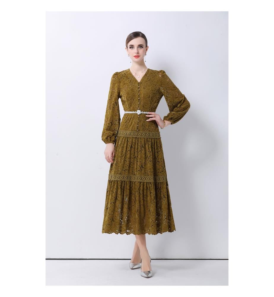 Robe mi-longue romantique à volants en dentelle florale - Olive