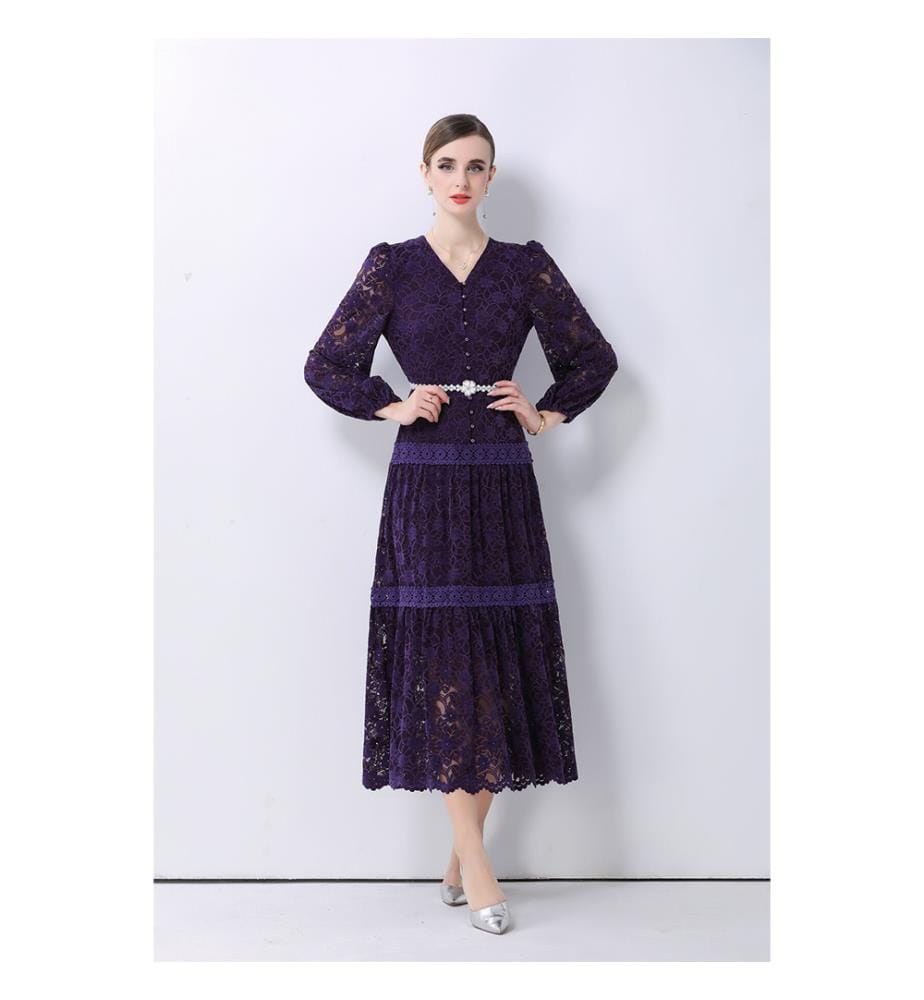 Robe mi-longue romantique à volants en dentelle florale - Violet