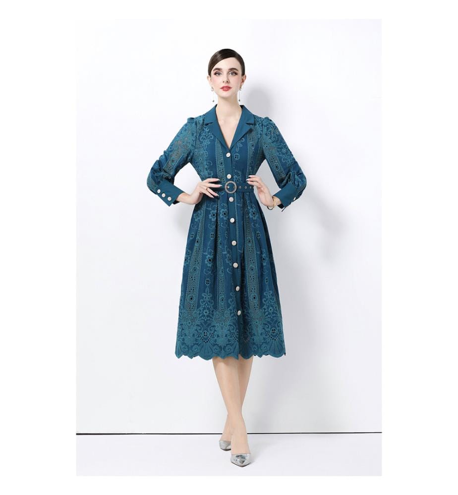 Robe-chemise mi-longue brodée à illets et ceinture - Indigo