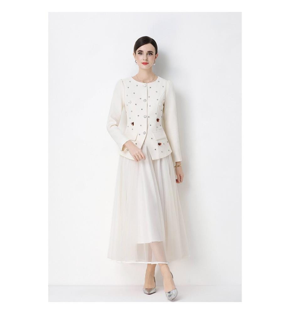 Ensemble veste à basque perlée et jupe en tulle - Blanc
