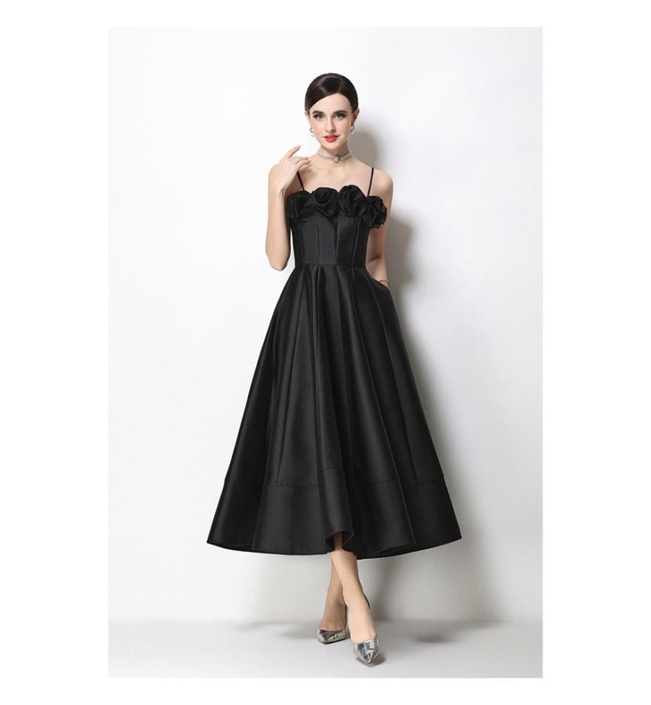 Robe midi en satin à fines bretelles - Noir