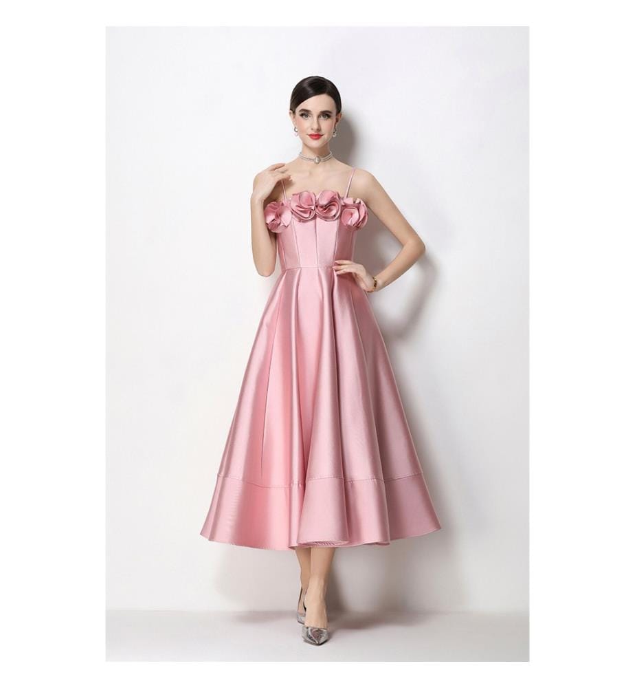 Robe midi en satin à fines bretelles - Rose