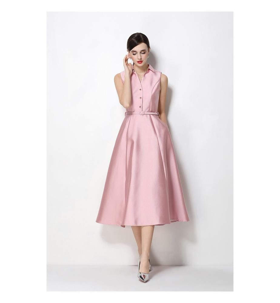 Robe midi en satin sans manches et ceinture - Rose