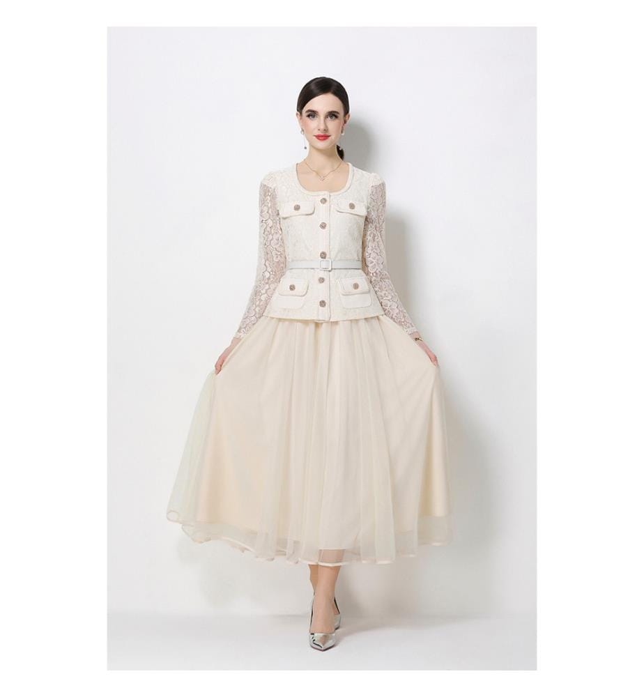 Robe midi à corsage péplum en dentelle et jupe en tulle - Ivoire