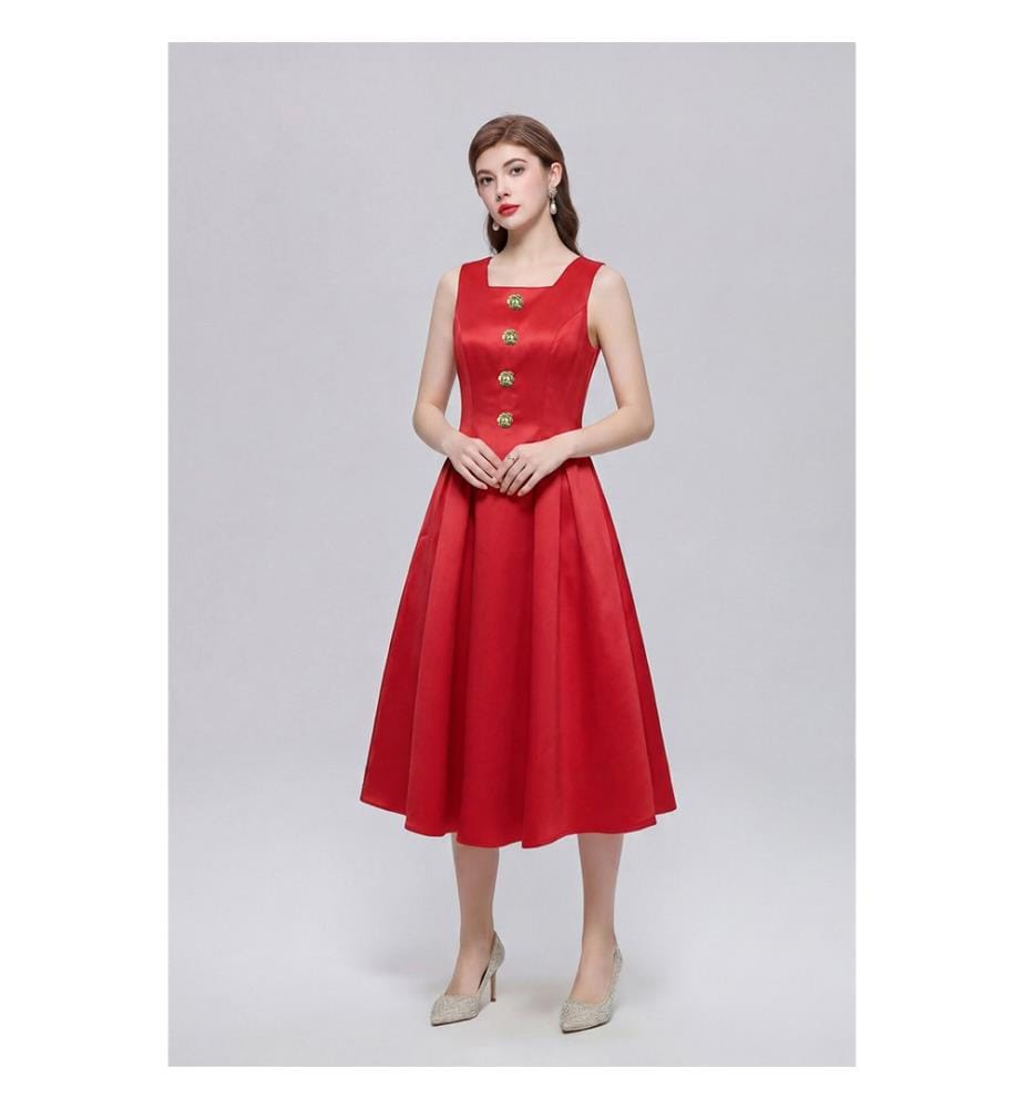 Robe midi en dentelle florale à col V - Rouge