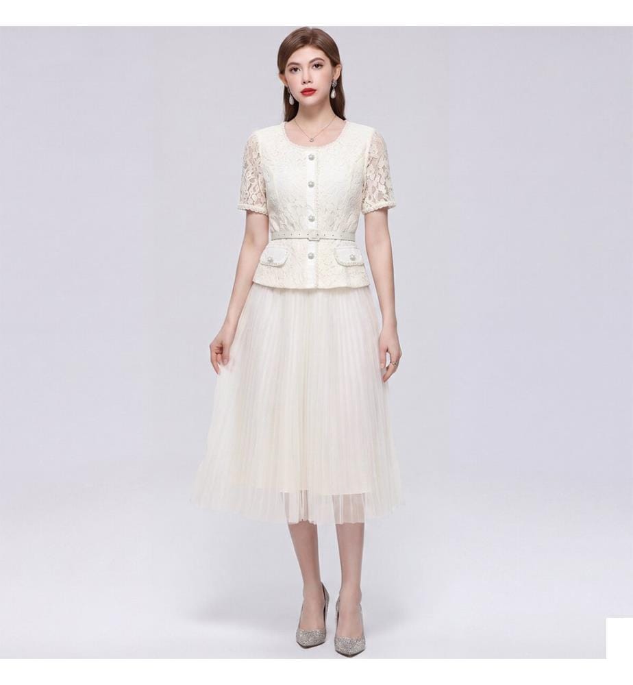 Robe midi en dentelle florale et jupe en tulle plissée - Ivoire