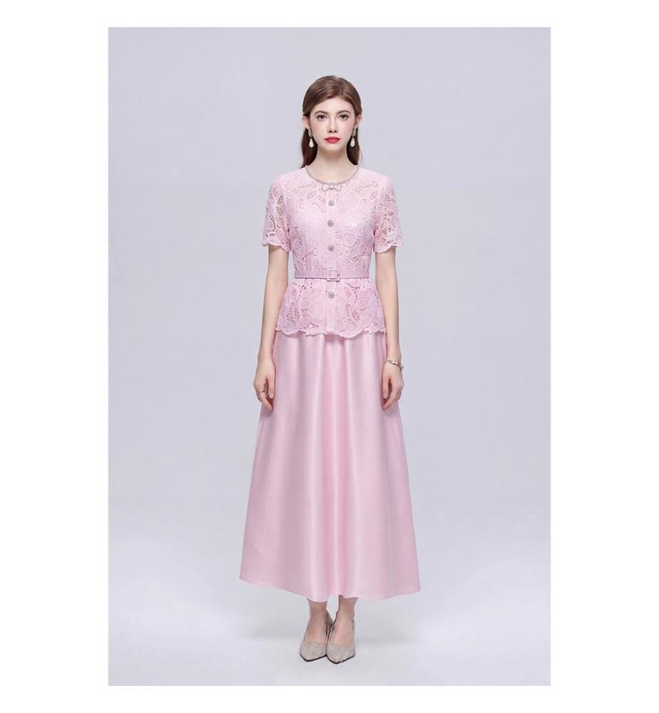 Robe longue en dentelle et noeud en strass - Rose