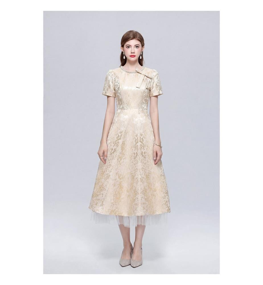 Robe midi en jacquard à noeud perlé et ourlet en tulle - Ivoire
