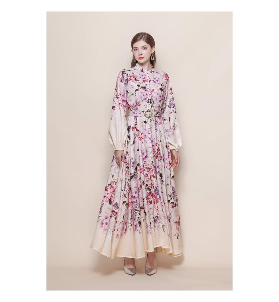 Robe longue florale dégradée, col montant et ceinture - Floral