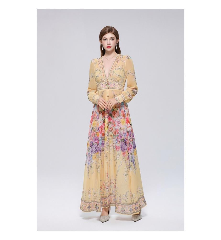 Robe longue florale « Champagne » à bordure - Jaune