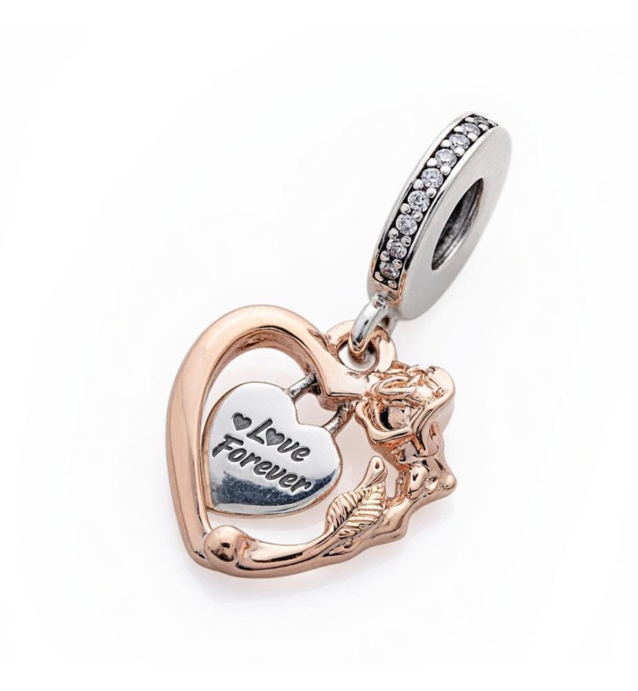 Charm Coeur et Fleur - Argenté et Rose Doré