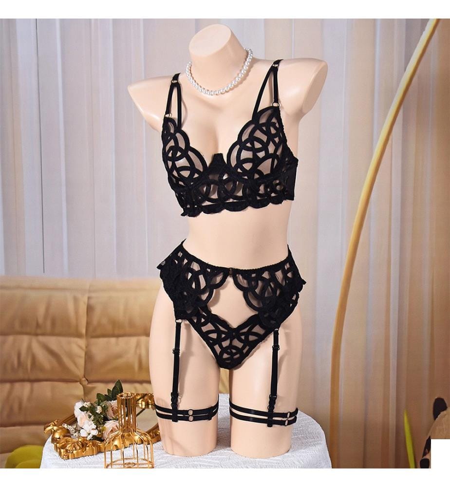 Ensemble 3 Pièces Brodé Mystère Élégant - Noir