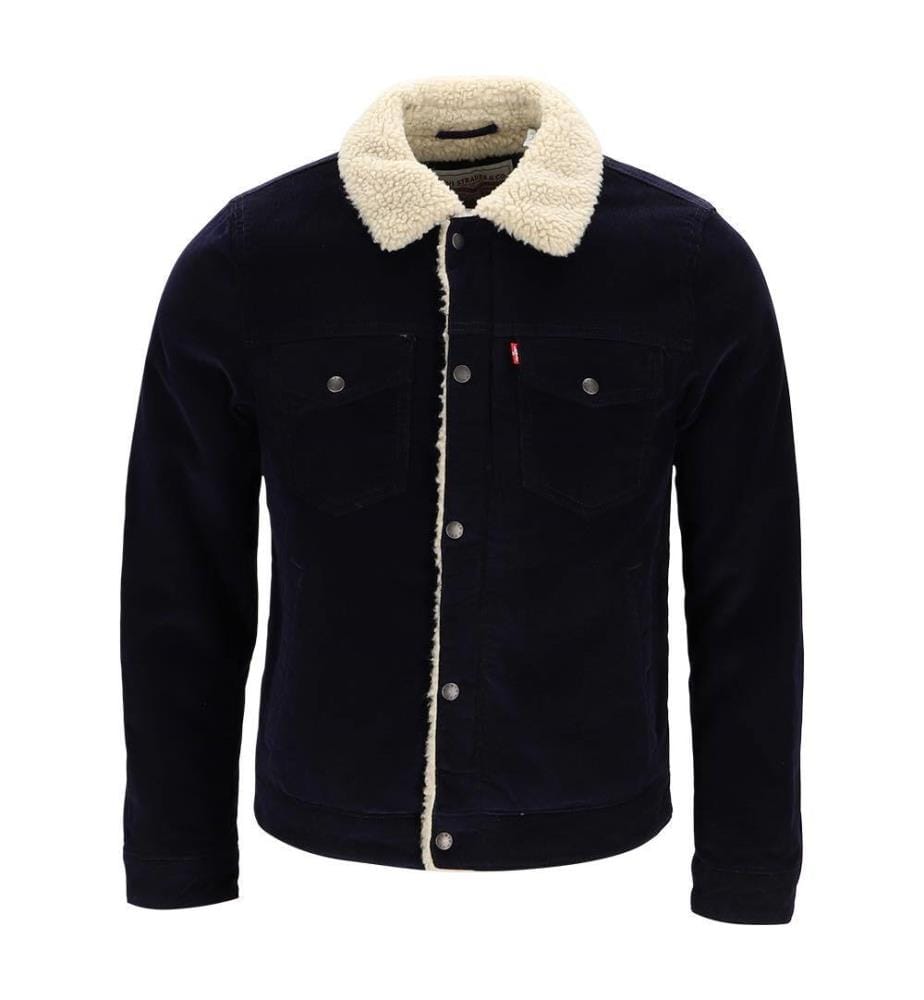 Veste trucker en velours côtelé avec doublure sherpa - Bleu marine