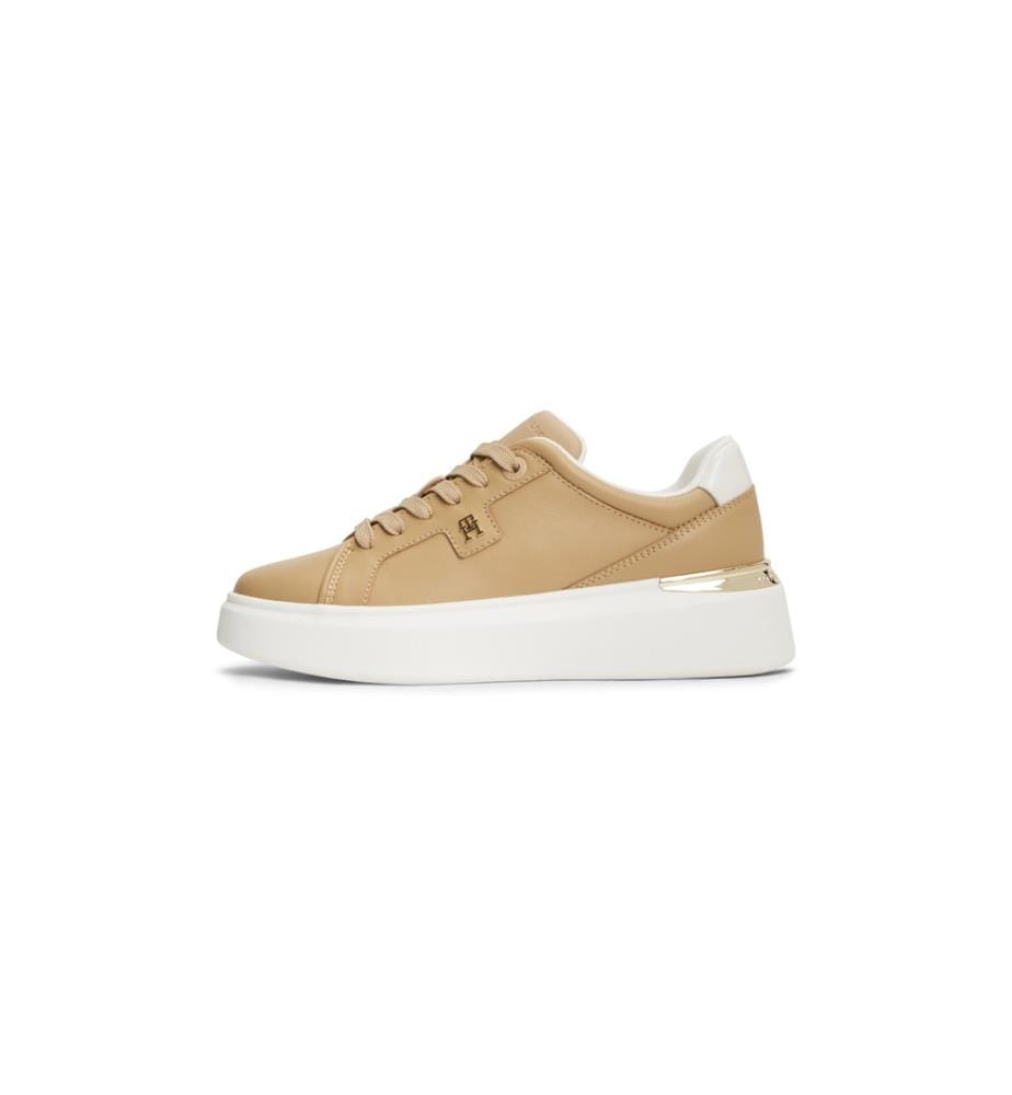 Baskets Compensées en Cuir à Monogramme TH - Beige