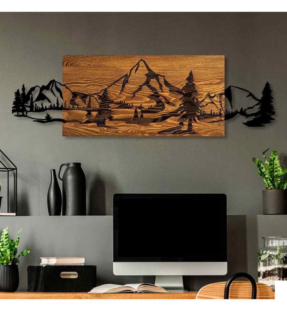 Accessoire mural décoratif en bois, noyer, noir, 100% bois - métal