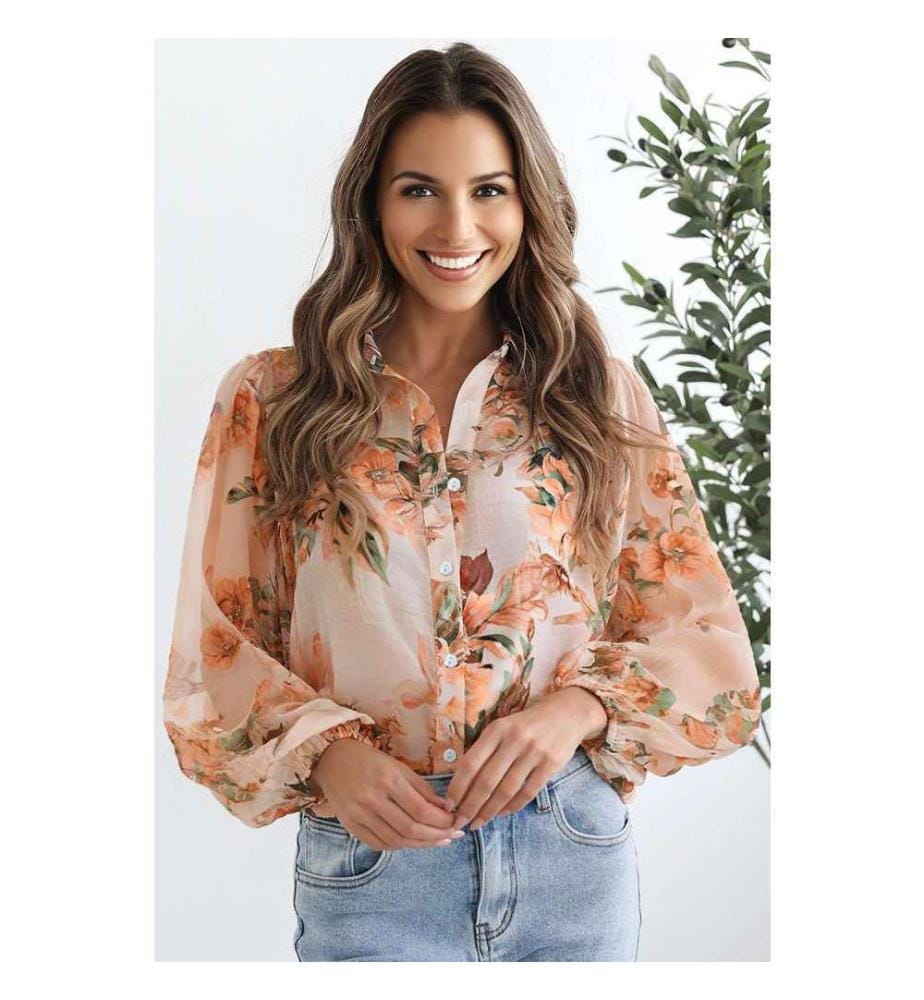 Orange Floral Puff Sleeve Lightweight Shirt - Orange