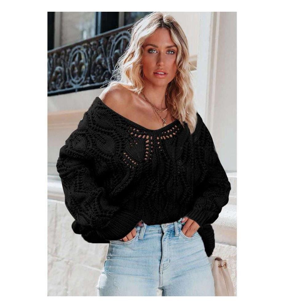 Pull Noir En Tricot Crocheté À Ourlet Côtelé Et Ajouré - Black