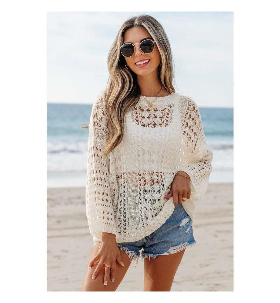Pull Blanc En Tricot Ajouré À Manches Bouffantes Et Épaules Tombantes - White