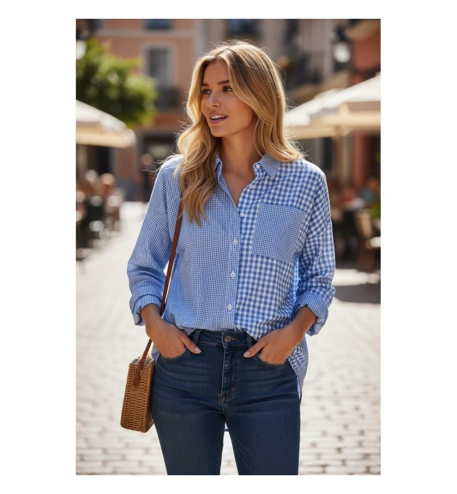 Chemise boutonnée à manches longues et à carreaux - Rayures Bleu ciel
