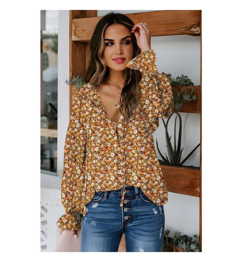 Chemisier Orange À Volants Et Col En V, Motif Floral Bohème, Pour L'Automne - Orange