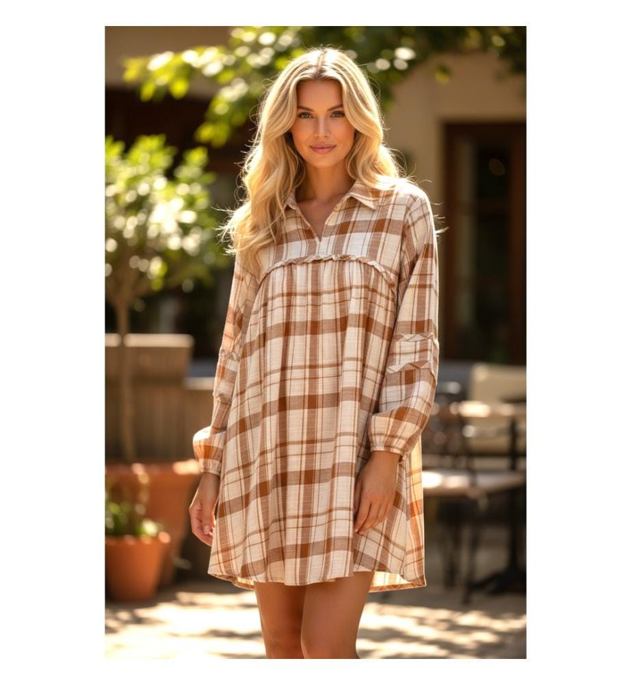 Mini-Robe Babydoll À Volants Et Poches Latérales Imprimée À Carreaux - Marron