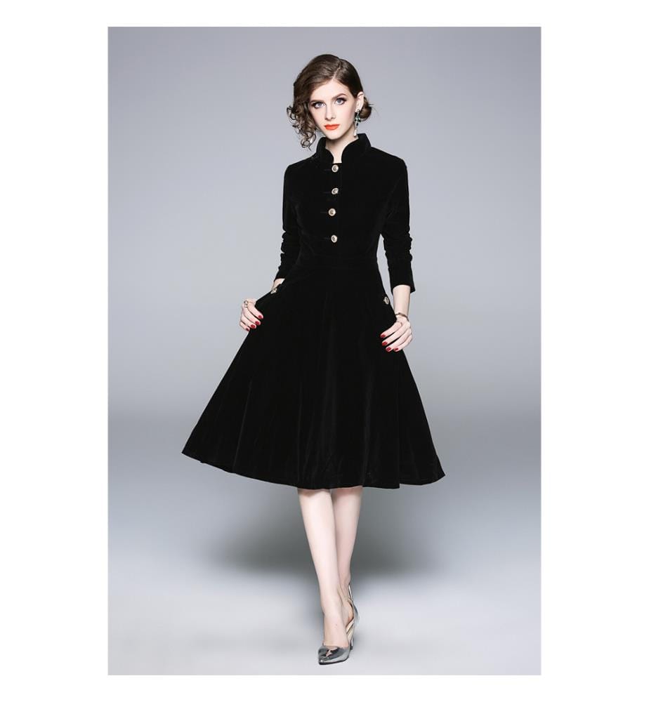 Robe vintage en velours, coupe ajustée et évasée - Noir