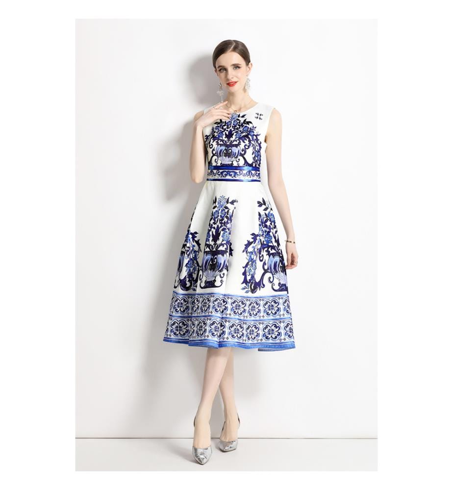Robe midi ajustée à imprimé oriental - Bleu