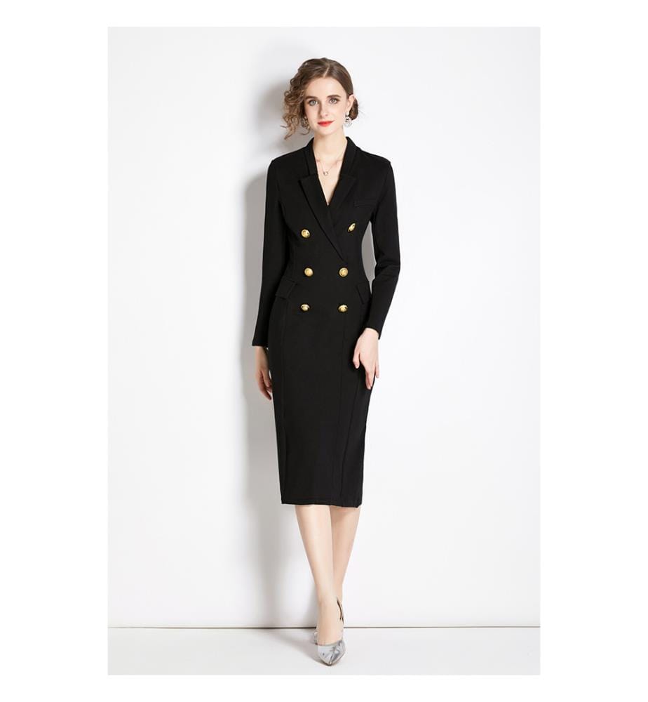 Gold Double Breasted Black Midi Blazer Dress - Black