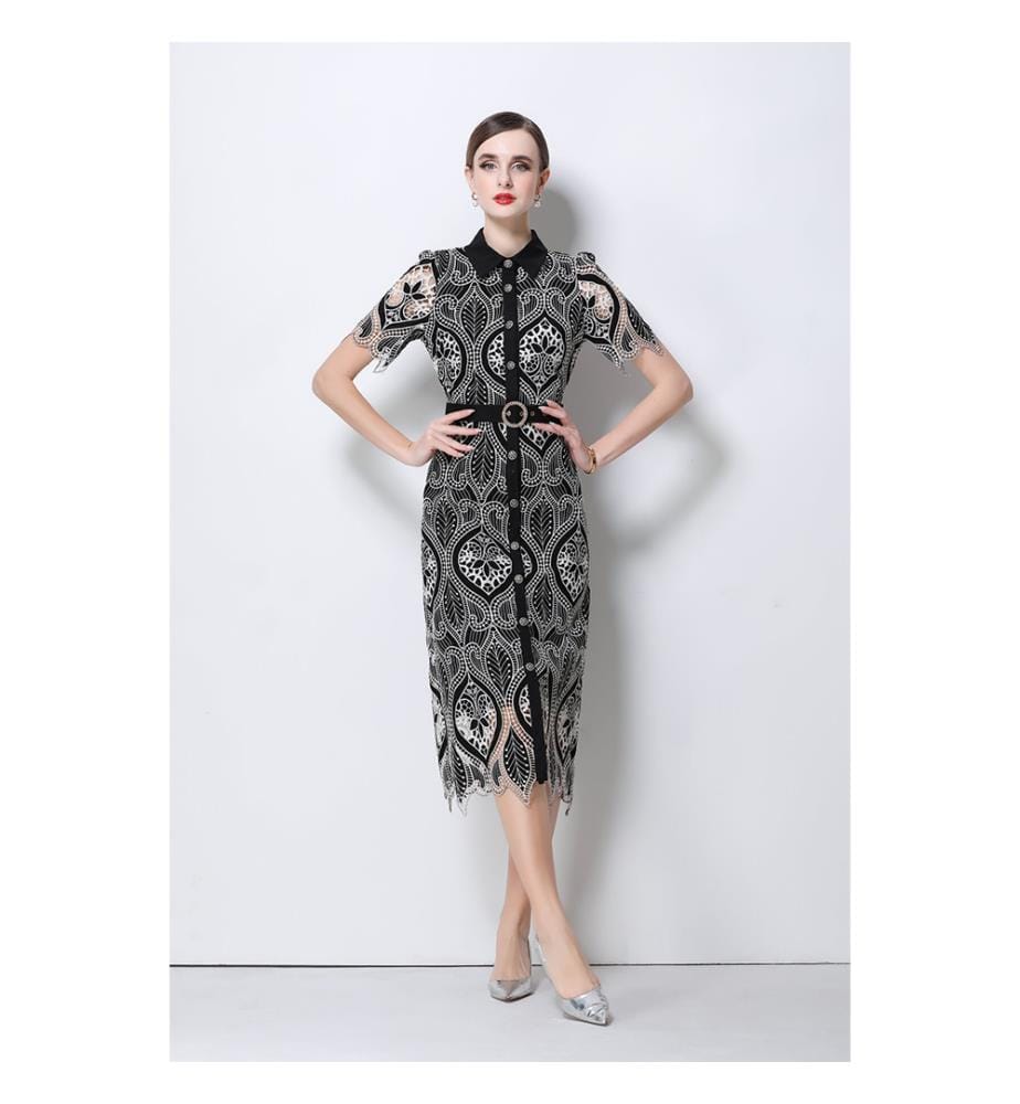 Robe chemise mi-longue à ceinture en dentelle - Noir