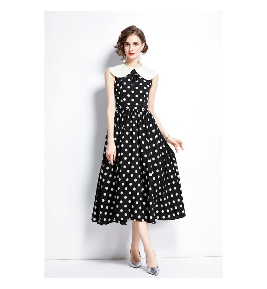 Peter Pan Collar Vintage Polka Dot Midi Dress - Black - Noir