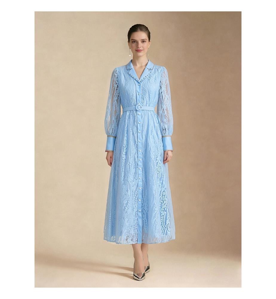 Robe longue chemise en dentelle bordée de perles - Bleu