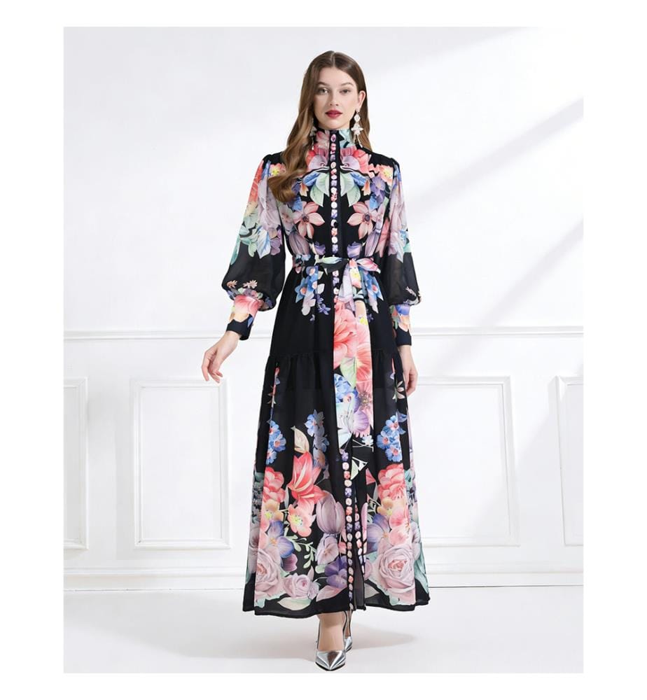 Robe longue en mousseline florale à col haut - Noir