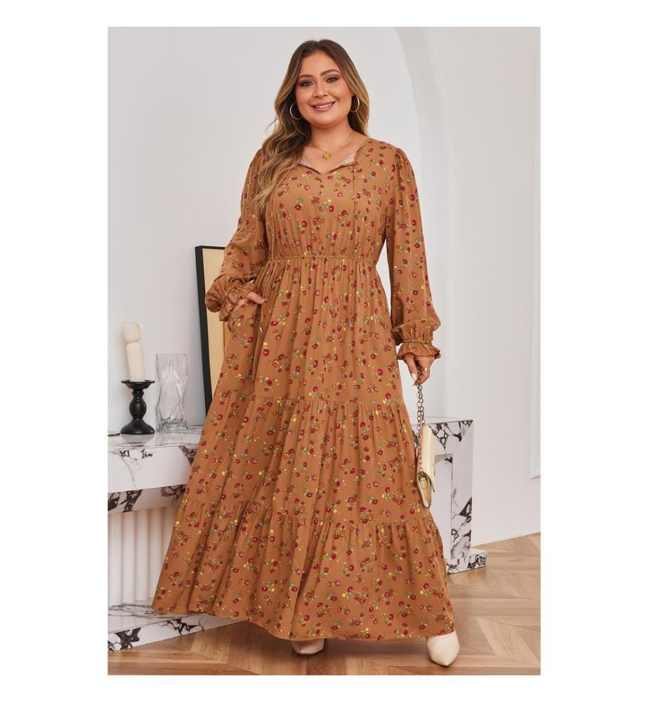 Robe longue marron grande taille à fleurs, col en V, manches à volants et volants