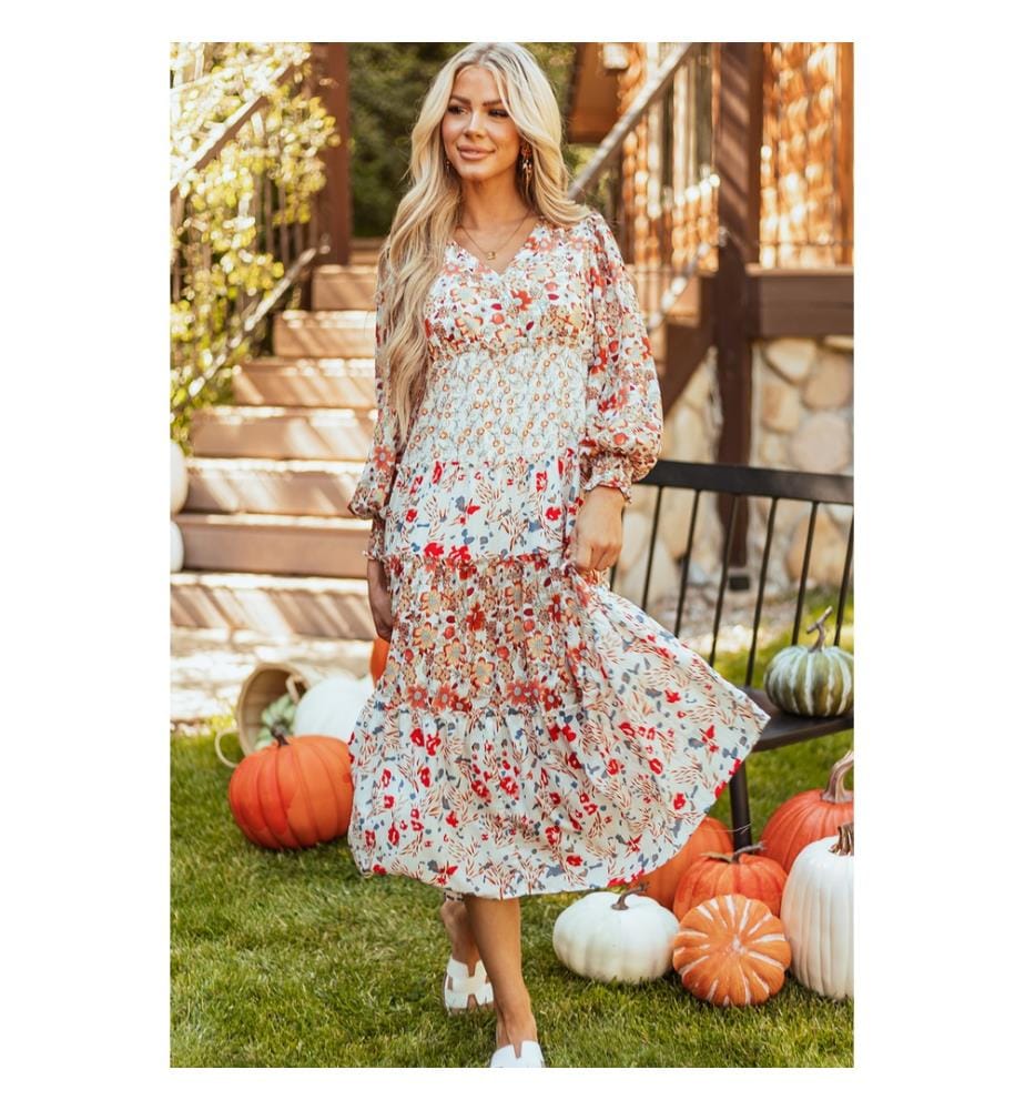 Robe midi kaki à imprimé floral et à volants et manches longues à col en V