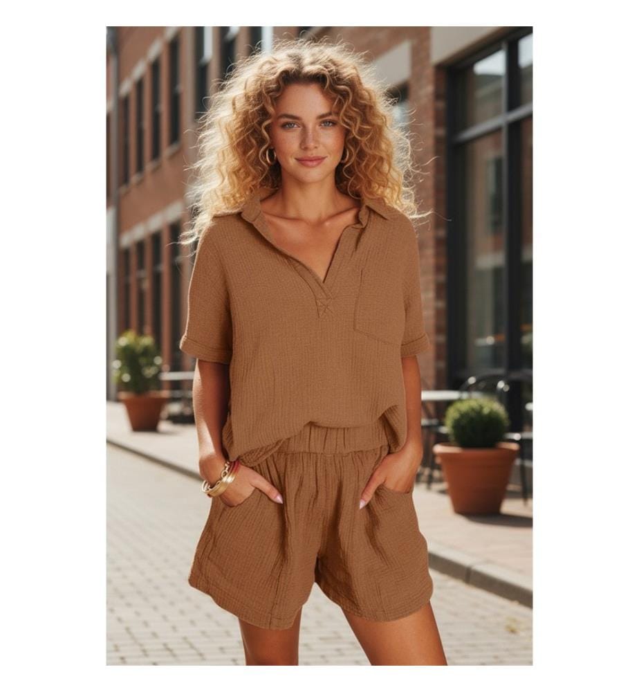 Ensemble Polo Texturé Froissé et Short Taille Haute