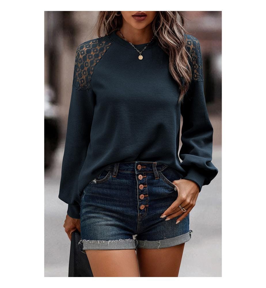 Pull texturé à manches longues en dentelle bleu sarcelle véritable