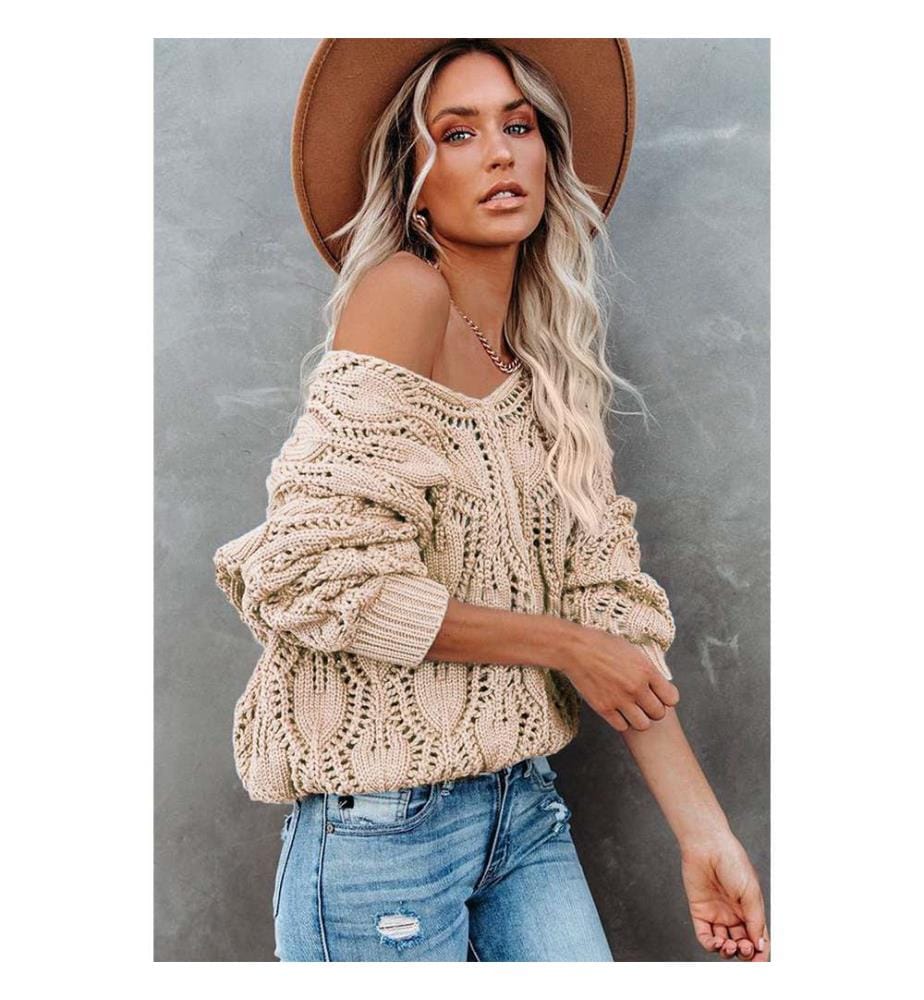 Pull Beige En Tricot Crocheté À Ourlet Côtelé Et Ajouré - Apricot