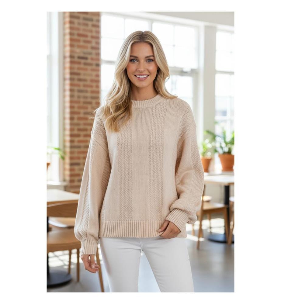 Pull ample côtelé en tricot torsadé - Kaki pâle