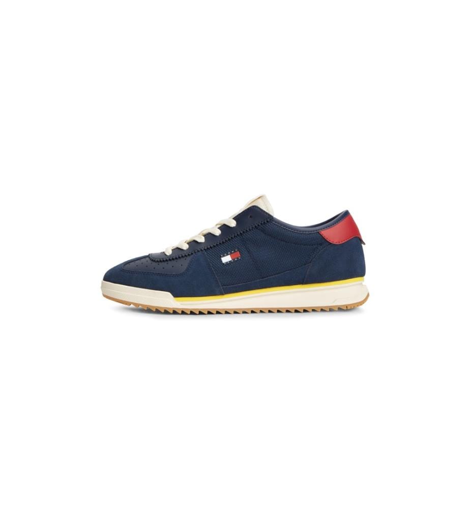 Baskets rétro en cuir multitextures à semelle crantée - Dark Blue