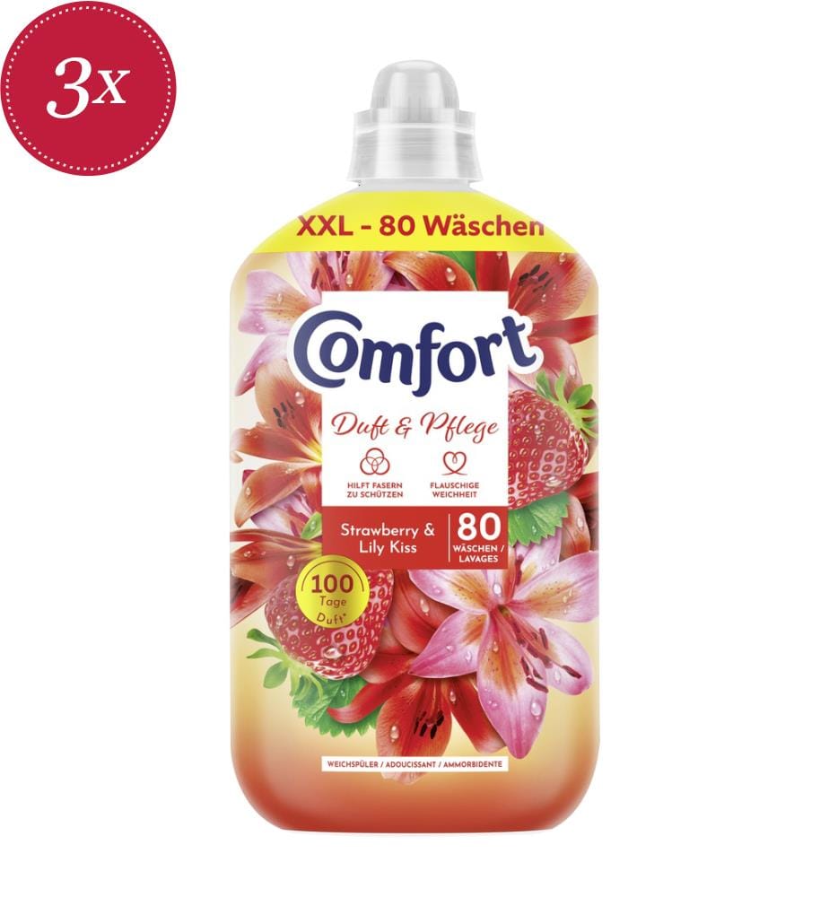 Assouplissant Concentré Comfort Strawberry & Lily Kiss 80 Lavages - 3 x 2 L
