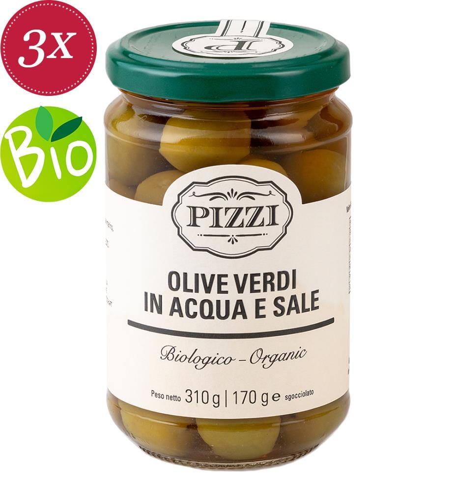 3x Grüne Oliven in Wasser und Salz BIO - 314 ml