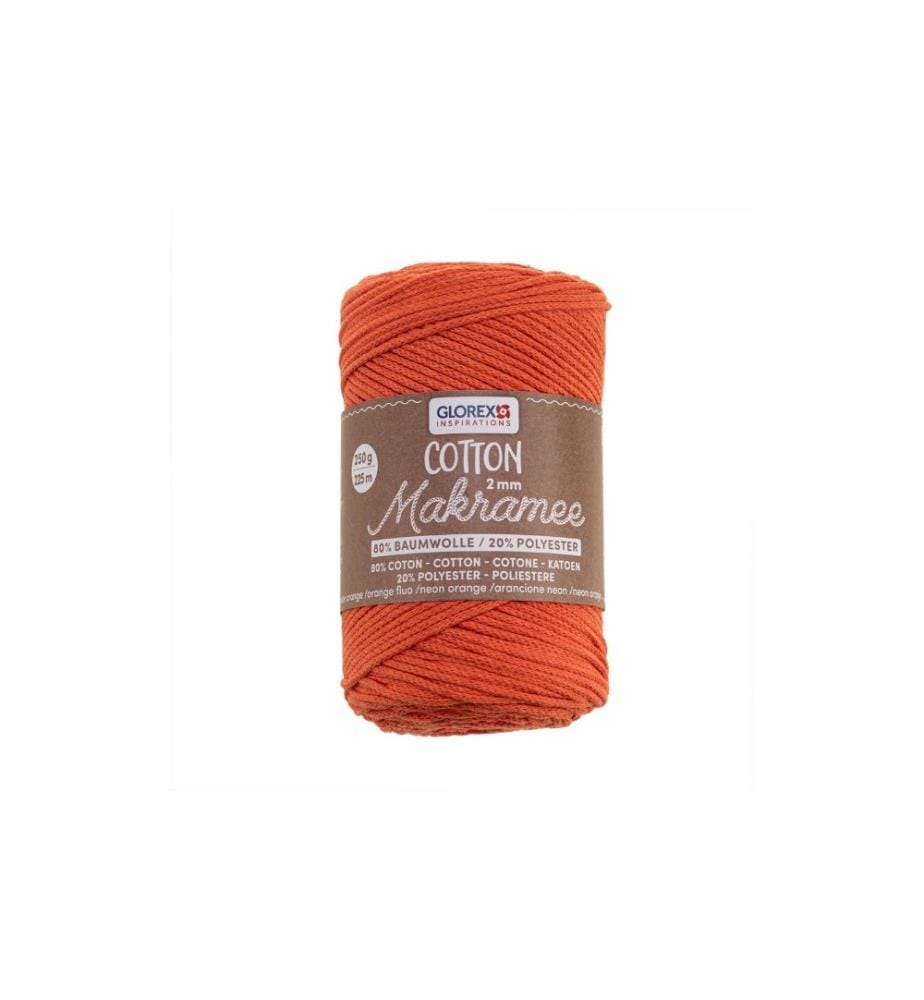 GLOREX - Wolle Makramee Cotton 225m x 2 mm, 250g, Neonorange