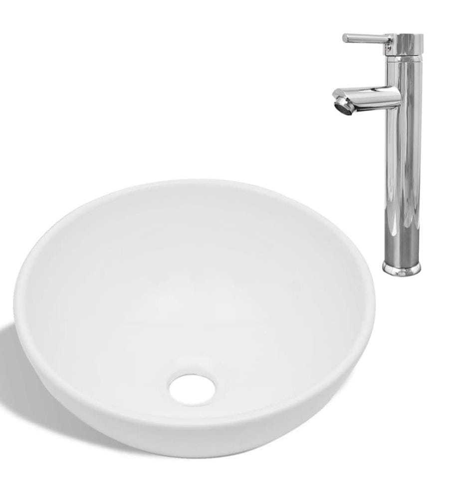 Bad-Waschbecken mit Mischbatterie Keramik Rund Weiss
