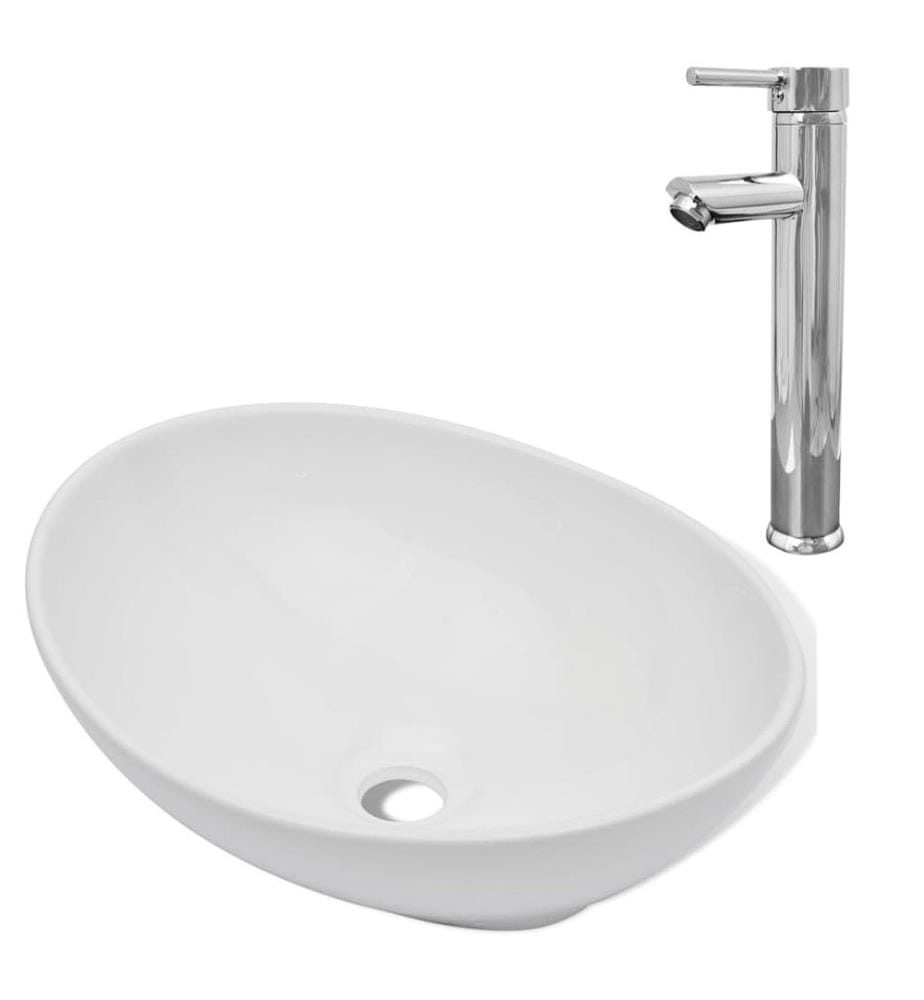 Bad-Waschbecken mit Mischbatterie Keramik Oval Weiss