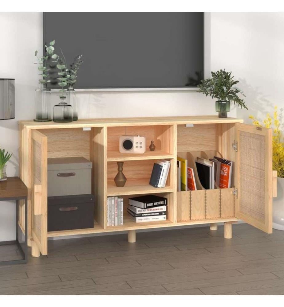 Sideboard Braun 105x30x60 cm Massivholz Kiefer und Natur-Rattan