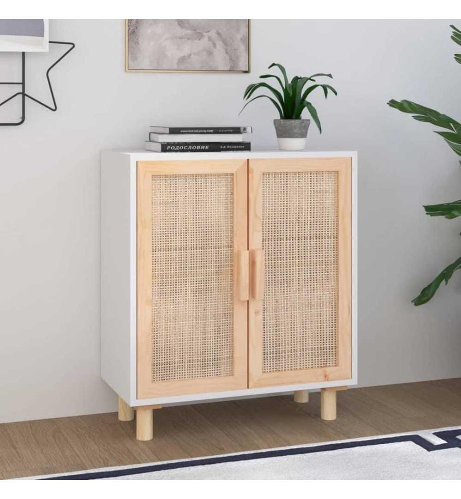 Buffet Blanc 60x30x70 cm Bois de pin massif et rotin naturel