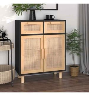 Buffet Noir 60x30x75 cm Bois de pin massif et rotin naturel