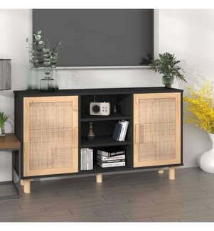 Buffet Noir 105x30x60 cm Bois de pin massif et rotin naturel