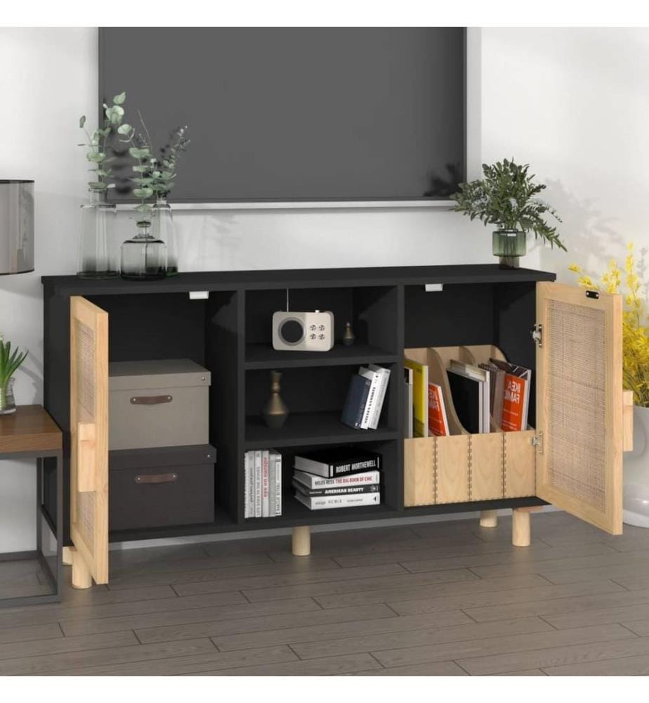 Buffet Noir 105x30x60 cm Bois de pin massif et rotin naturel