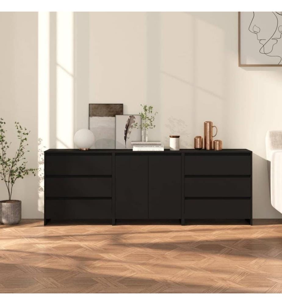 3-tlg. Sideboard Schwarz Holzwerkstoff